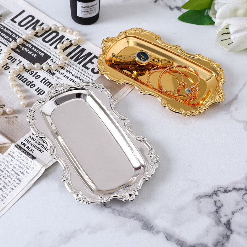 Vintage Oval Metal Tray with Embossed Edge