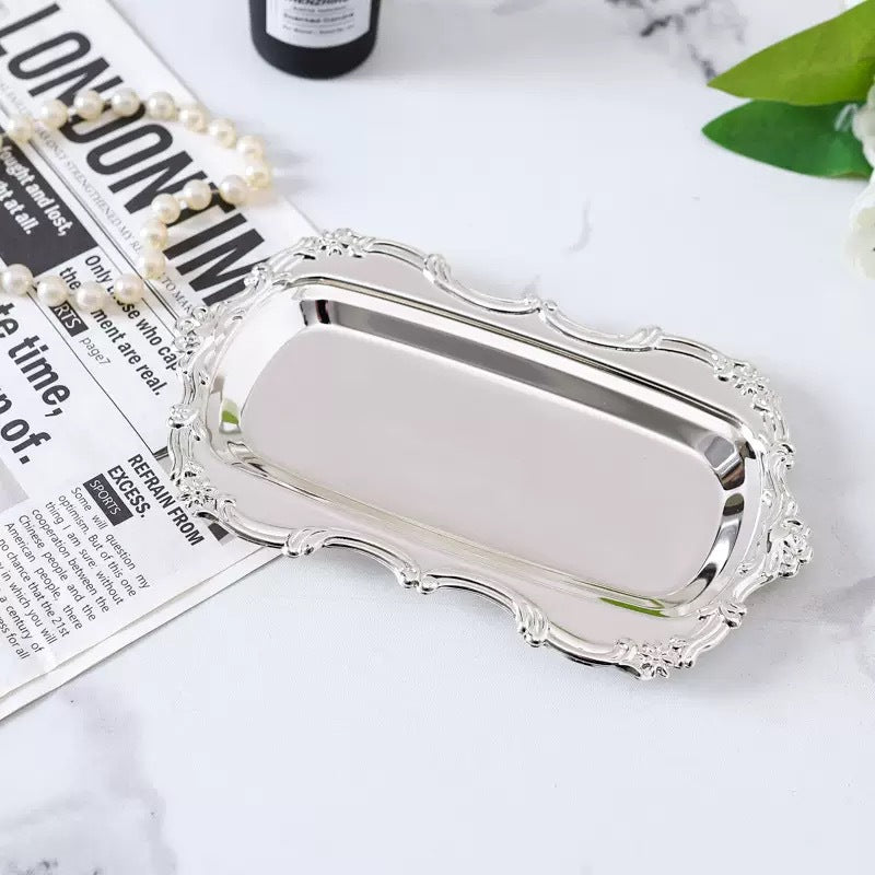 Vintage Oval Metal Tray with Embossed Edge