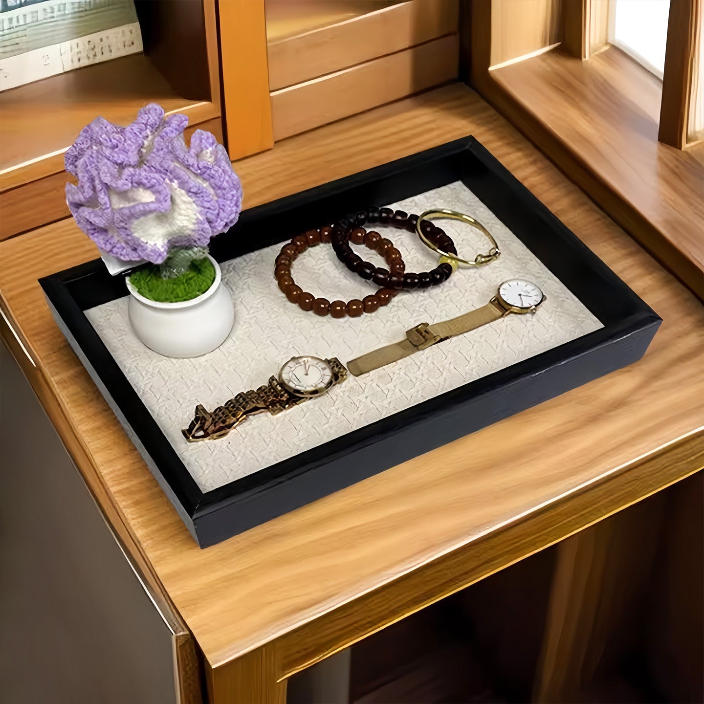 Rectangular Wooden Tray with Woven Base