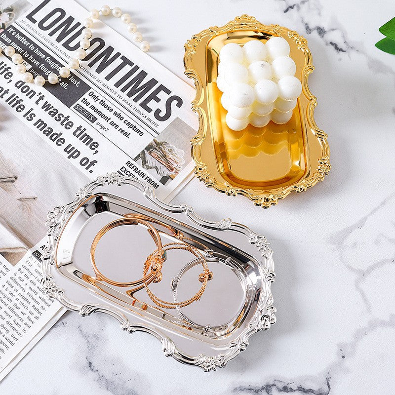 Vintage Oval Metal Tray with Embossed Edge