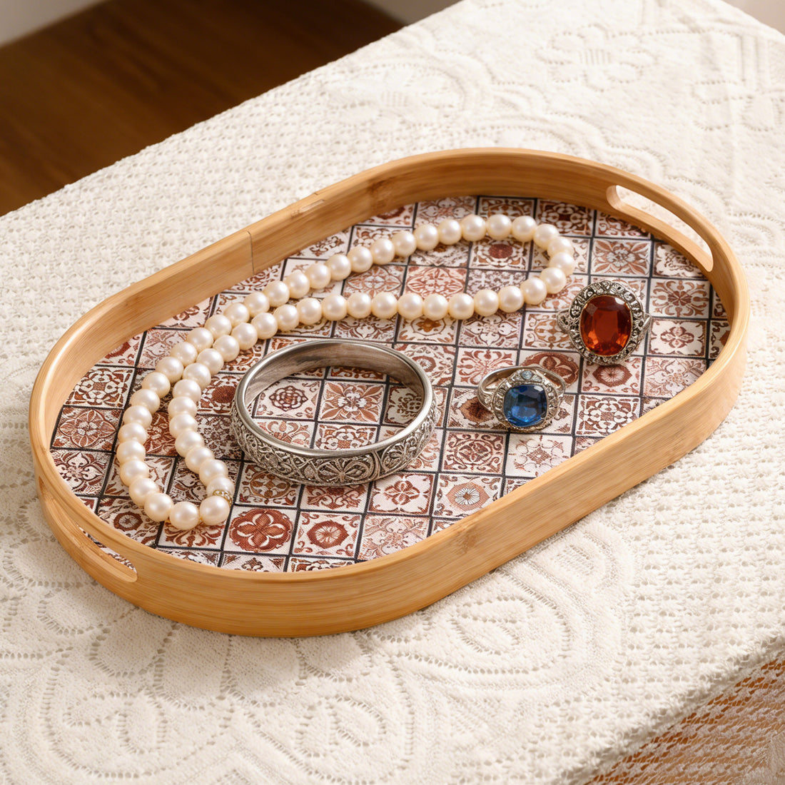 Oval Bamboo Tray with Handles and Patterned Base