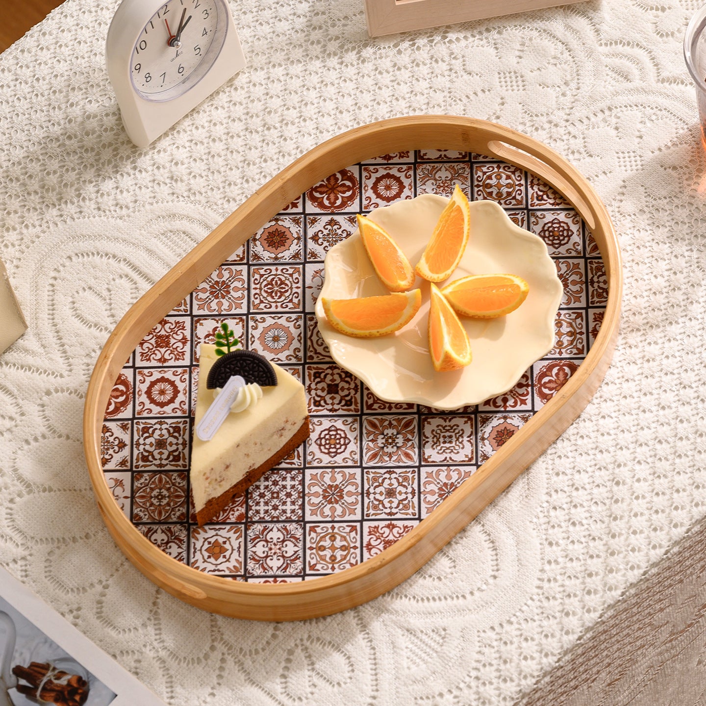 Oval Bamboo Tray with Handles and Patterned Base