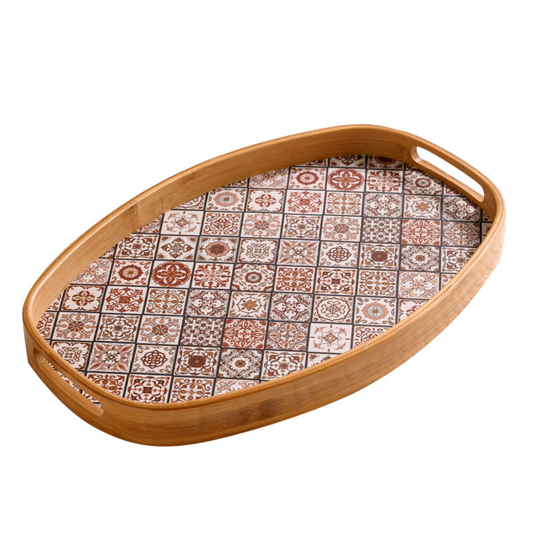Oval Bamboo Tray with Handles and Patterned Base