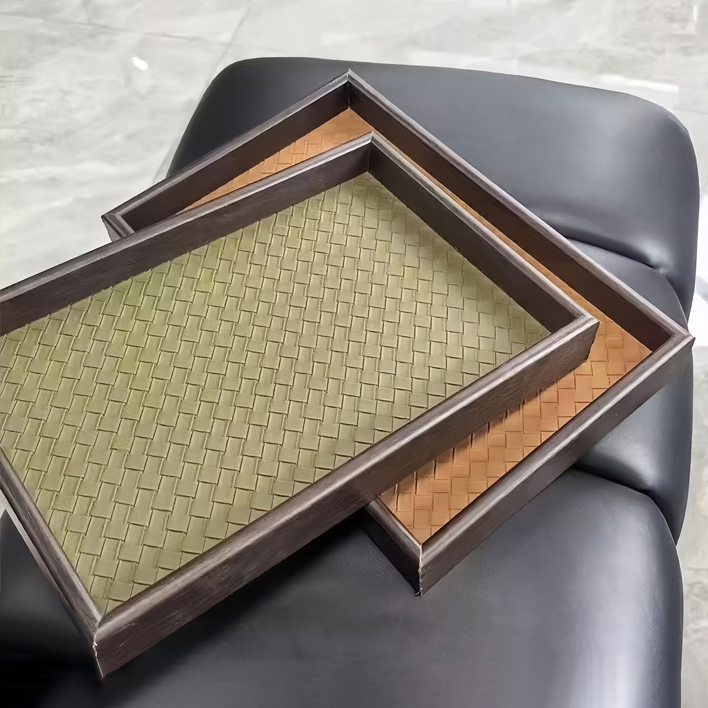 Rectangular Wooden Tray with Woven Base