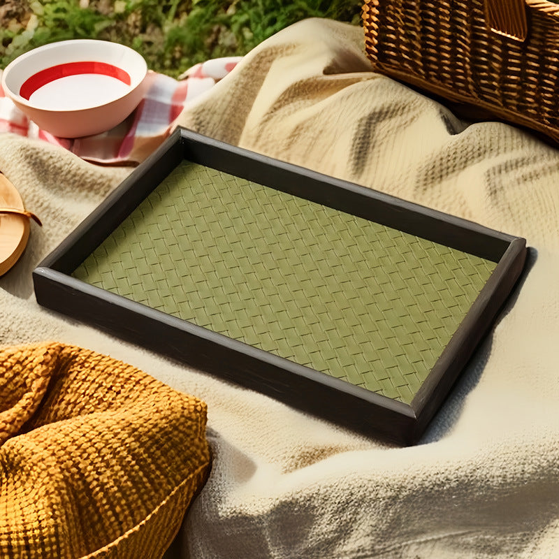 Rectangular Wooden Tray with Woven Base